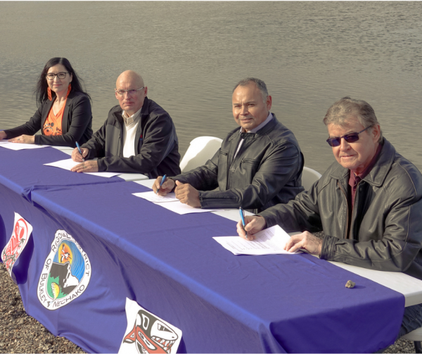 Chief Priscilla Mueller, Mayor Gerry Thiessen, Chief Robert Michell, and Chief Larry Nooski signed an MOU to collaborate on restoring the health of the Nechako River on Sept. 29.