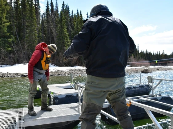 Michael Price, director of science for the Skeena Wild Conservation Trust, inspects salmon traps for a juvenile sockeye salmon monitoring project led by the Office of the Wet'suwet'en. Photo: Cheyenne Bergenhenegouwen